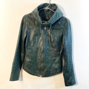 DANIER Sz 2XS Oversized Moto Style Dark Emerald Green Turn Collar Pockets Jacket